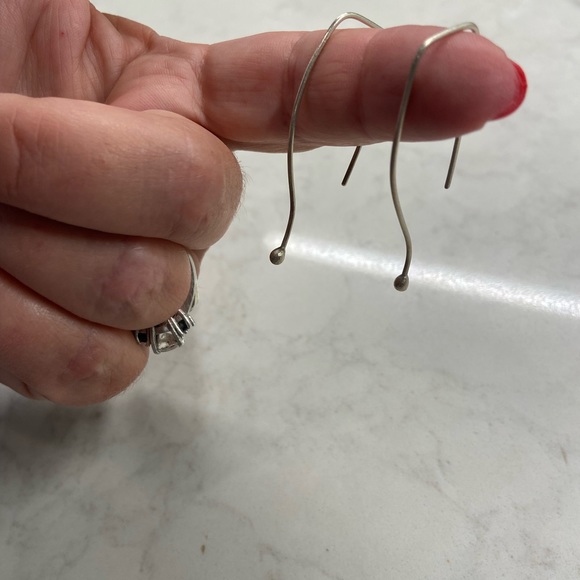 Minimal Modern Simple Eco Friendly Recycled Silver Threaded Bud Earrings 2” - Picture 2 of 2